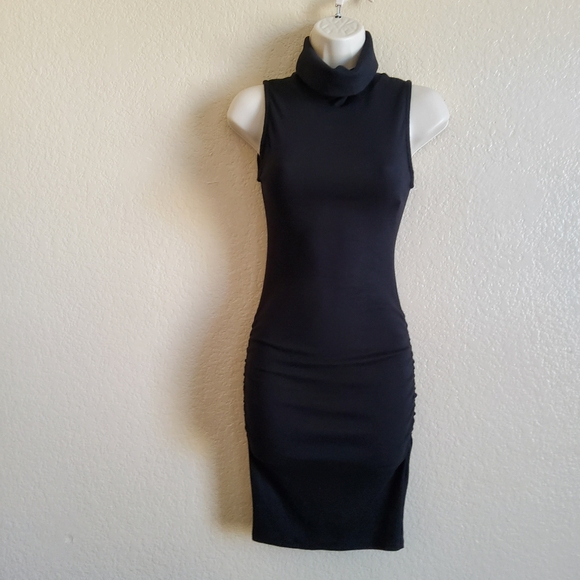 New Michael Stars Macy Ultra Rib Ruched Black Bodycon Turtleneck Mini Dress XSP - Picture 1 of 11